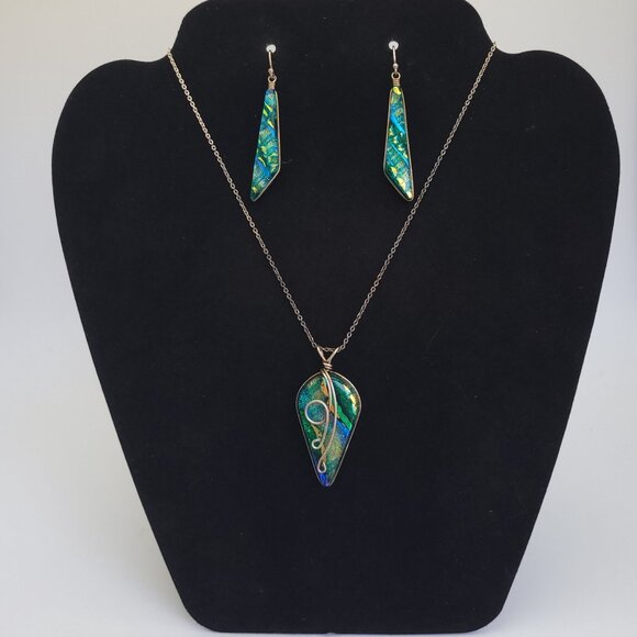 925 Sterling Silver 10 Gold Filled Dichroic Glass Pendant Necklace Earrings Set - Picture 9 of 16